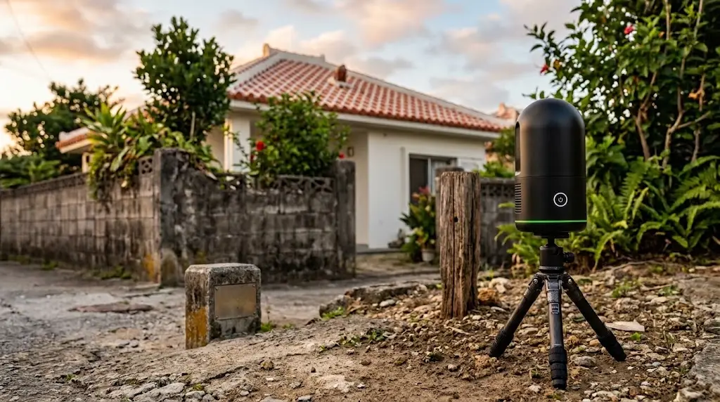 敷地境界の近くに三脚で据えた3Dレーザースキャナー Leica BLK360